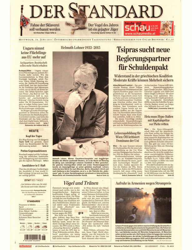 Titelseite der Zeitung „Der Standard“ vom 24. Juni 2015.