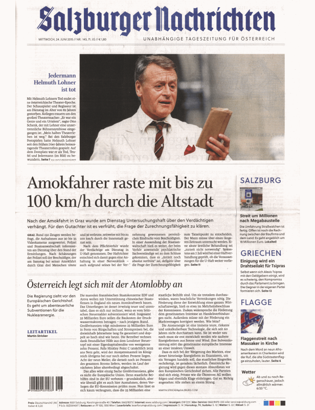 Titelseite der Salzburger Nachrichten vom 24. Juni 2015.