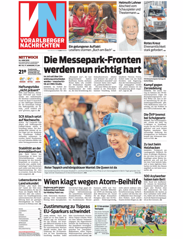 Titelseite der Vorarlberger Nachrichten vom 24. Juni 2015.