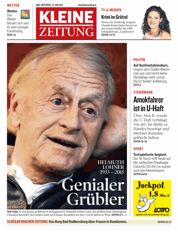 Titelseite der Kleinen Zeitung vom 24. Juni 2015 mit einem Porträt von Helmuth Lohner.