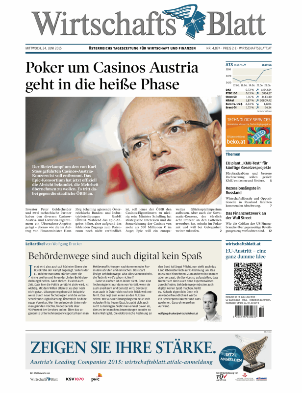 Titelseite des Wirtschaftsblatt vom 24. Juni 2015 mit dem Titel „Poker um Casinos Austria“.