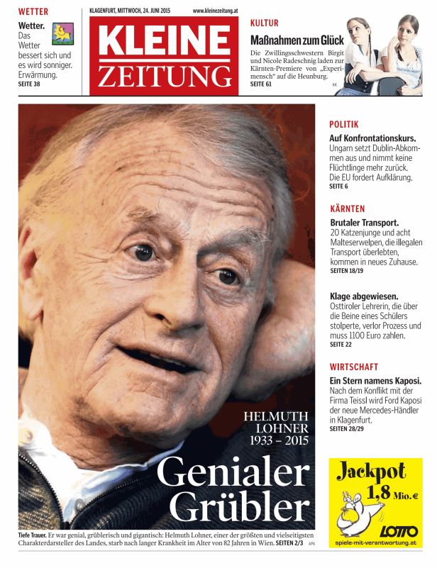 Titelseite der Kleinen Zeitung vom 24. Juni 2015 mit einem Porträt von Helmuth Lohner.