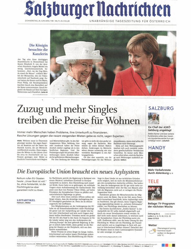 Titelseite der Salzburger Nachrichten mit einem Artikel über den Besuch von Königin Elizabeth II. bei Angela Merkel.