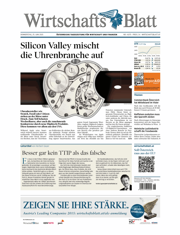 Titelseite des Wirtschaftsblatt vom 25. Juni 2015 zum Thema „Silicon Valley mischt die Uhrenbranche auf“.