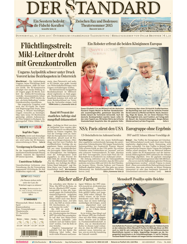 Titelseite der Zeitung Der Standard vom 25. Juni 2015.