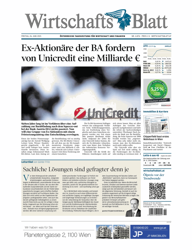Titelseite des Wirtschaftsblatt vom 26. Juni 2015 mit dem Artikel „Ex-Aktionäre der BA fordern von Unicredit eine Milliarde €“.