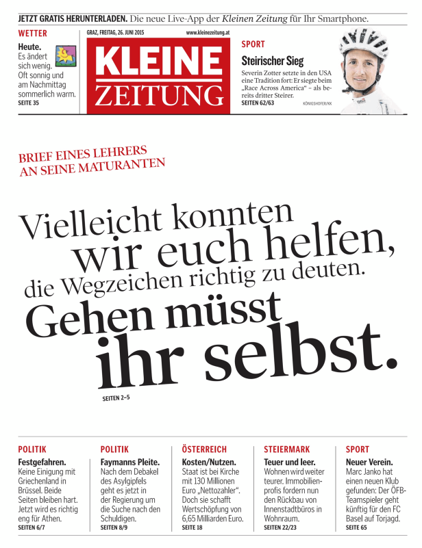 Titelseite der Kleinen Zeitung vom 26. Juni 2015 mit Artikeln zu Politik, Sport und Wetter.