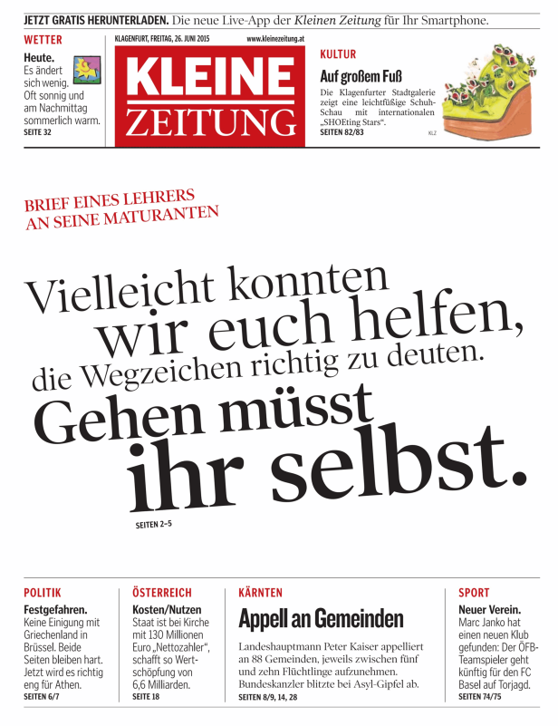 Titelseite der Kleinen Zeitung vom 26. Juni 2015 mit Artikeln zu Politik, Kultur und Sport.