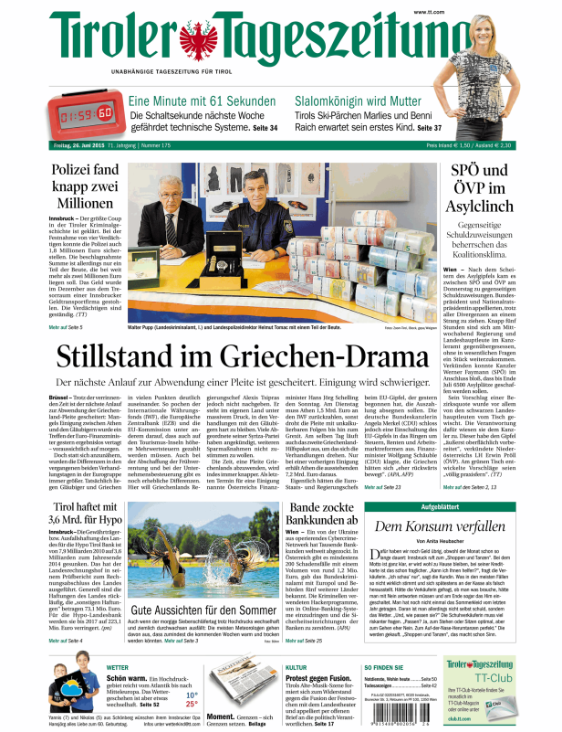 Titelseite der Tiroler Tageszeitung vom 26. Juni 2015 mit Artikeln zu verschiedenen Themen.