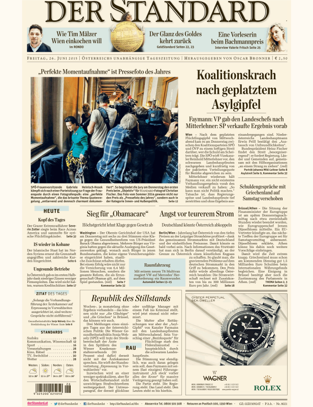 Titelseite der Zeitung Der Standard vom 26. Juni 2015.