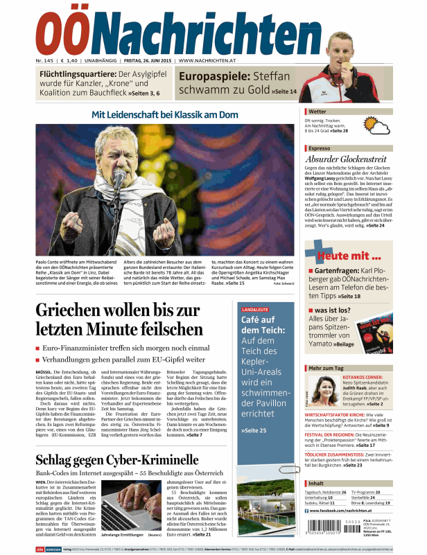Titelseite der OÖNachrichten vom 26. Juni 2015 mit Paolo Conte bei „Klassik am Dom“.