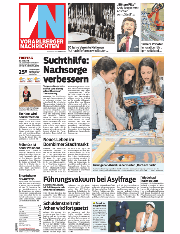 Titelseite der Vorarlberger Nachrichten vom 26. Juni 2015.