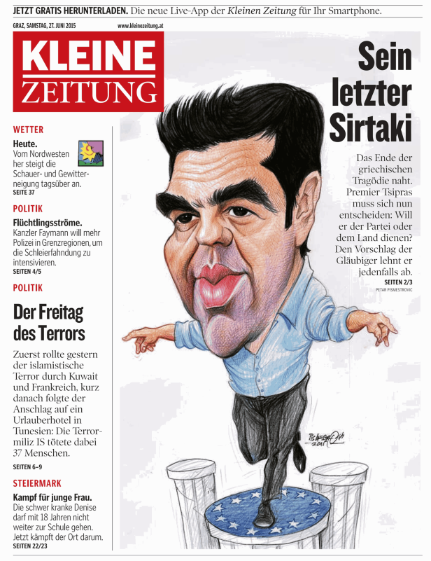 Karikatur von Alexis Tsipras, dem ehemaligen griechischen Ministerpräsidenten, auf einer Bühne mit EU-Sternen.