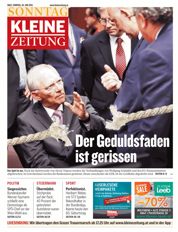 Wolfgang Schäuble inmitten anderer Politiker auf dem Titelblatt der Kleinen Zeitung.