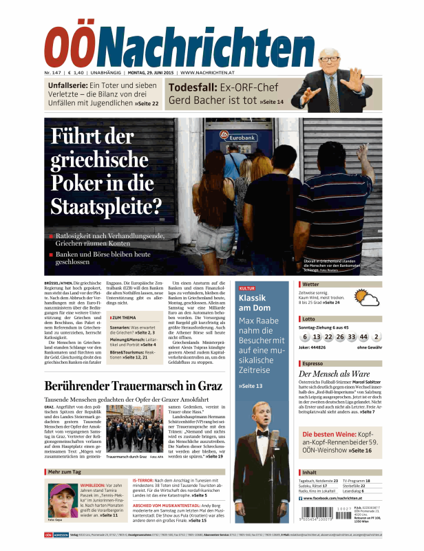Titelseite der OÖNachrichten vom 29. Juni 2015 mit Schlagzeilen zu Griechenland und einem Trauermarsch in Graz.