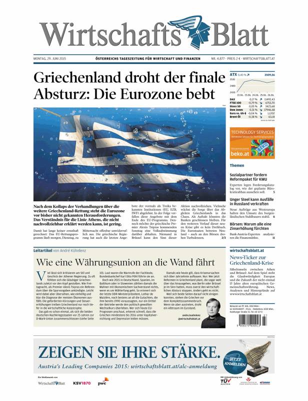 Titelseite des Wirtschaftsblatt vom 29. Juni 2015 mit der Schlagzeile: „Griechenland droht der finale Absturz: Die Eurozone bebt.“