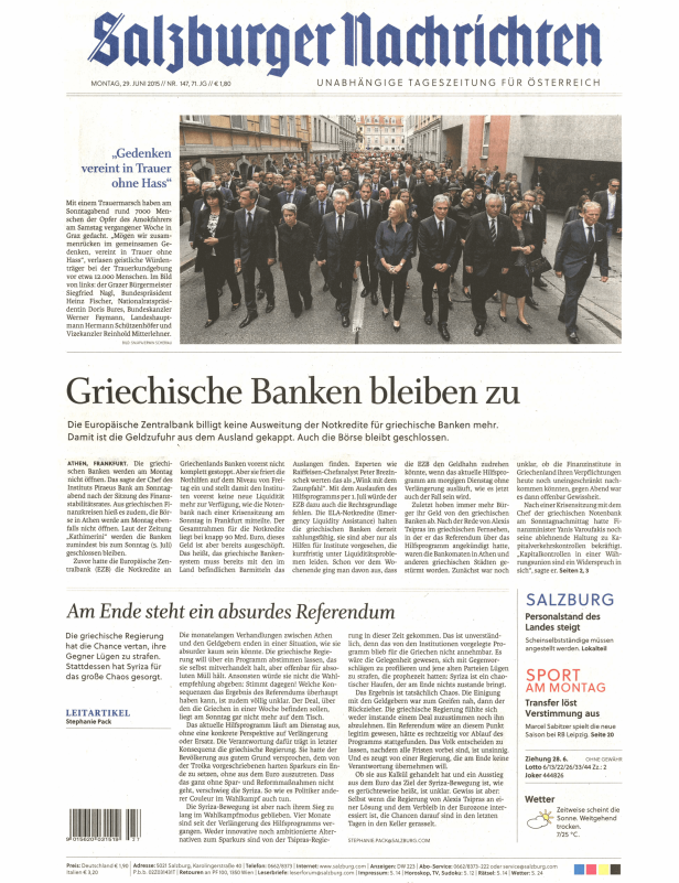Titelseite der „Salzburger Nachrichten“ vom 29. Juni 2015 mit Artikeln über Griechenland und einem Trauermarsch in Graz.