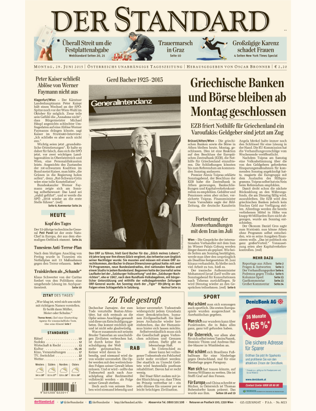 Titelseite der Zeitung Der Standard vom 29. Juni 2015.