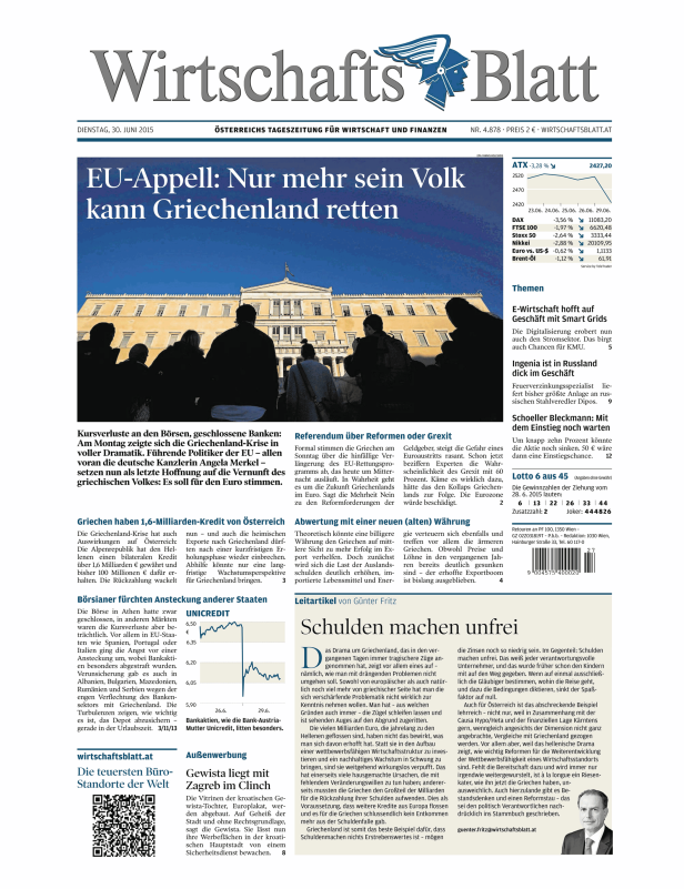 Titelseite des WirtschaftsBlatt vom 30. Juni 2015 mit der Schlagzeile: EU-Appell: Nur mehr sein Volk kann Griechenland retten.