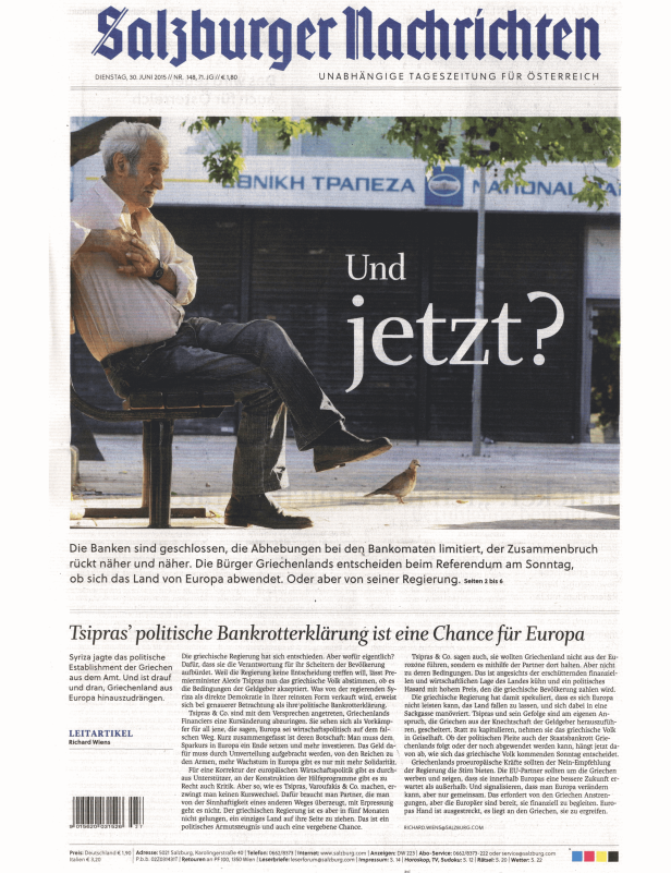 Titelseite der „Salzburger Nachrichten“ vom 30. Juni 2015 zum Thema Griechenland und Schuldenkrise.