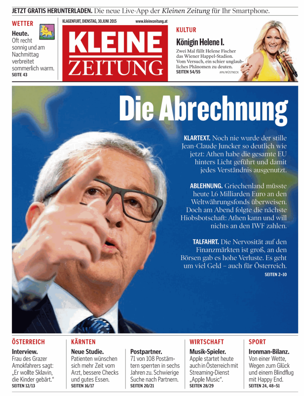 Titelseite der Kleinen Zeitung vom 30. Juni 2015 mit Jean-Claude Juncker im Artikel über Griechenland.