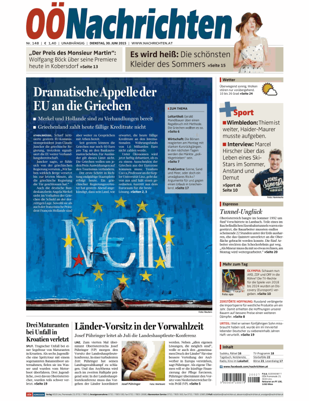 Titelseite der OÖ Nachrichten vom 30. Juni 2015 mit Schlagzeilen zu Griechenland und anderen Themen.