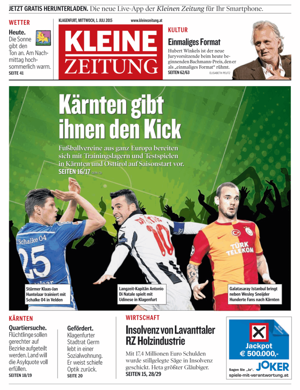 Titelseite der Kleinen Zeitung mit einem Artikel über Fußballvereine in Kärnten.