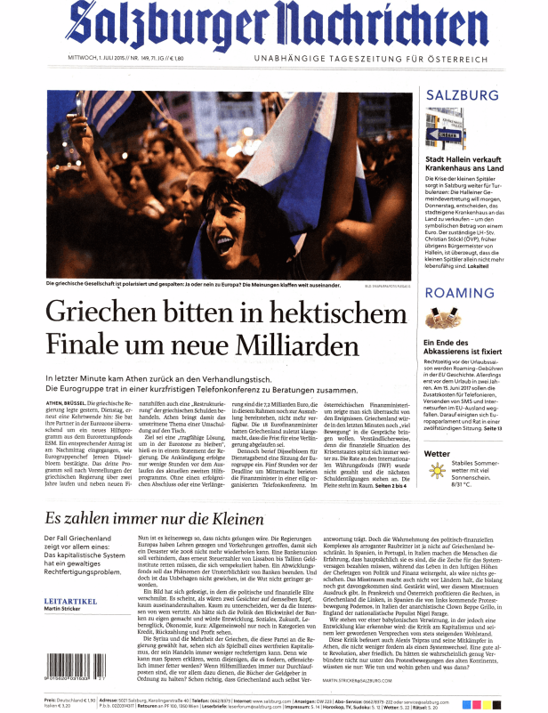 Titelseite der Salzburger Nachrichten vom 1. Juli 2015 mit dem Titel: „Griechen bitten in hektischem Finale um neue Milliarden“.