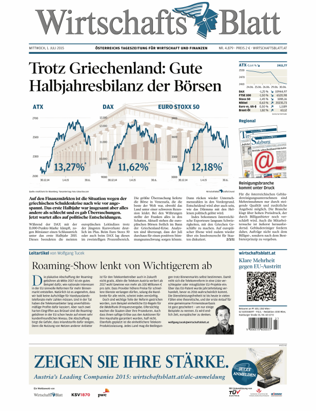 Titelseite des Wirtschaftsblatt vom 1. Juli 2015 mit dem Titel „Trotz Griechenland: Gute Halbjahresbilanz der Börsen“.