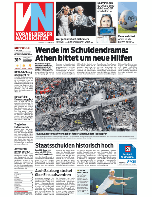 Titelseite der Vorarlberger Nachrichten vom 1. Juli 2015 mit Nachrichten zu Griechenland, einem Flugzeugabsturz und Staatsschulden.