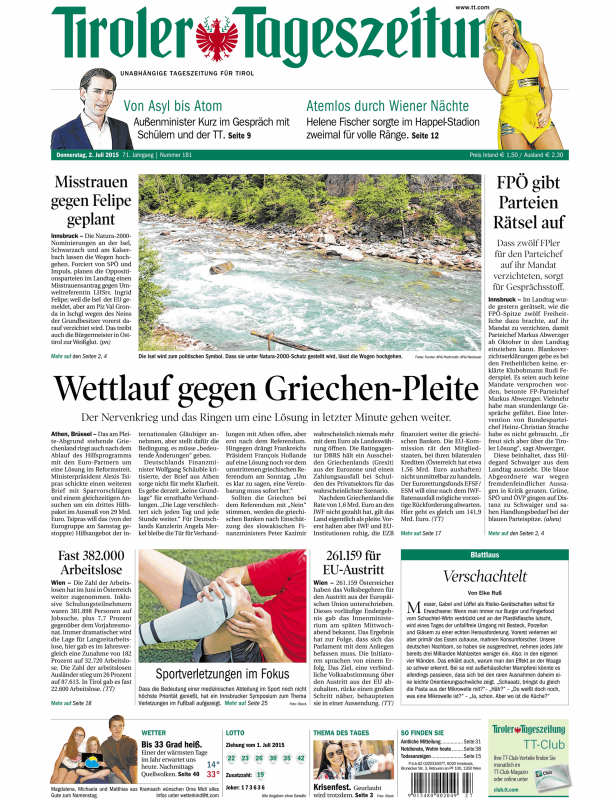 Titelseite der Tiroler Tageszeitung vom 2. Juli 2015.