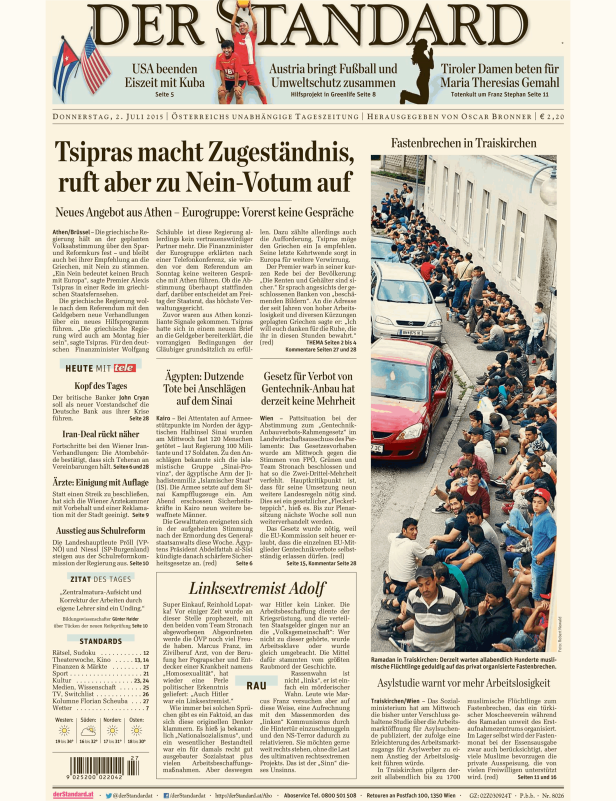 Titelseite des „Der Standard“ vom 2. Juli 2015.
