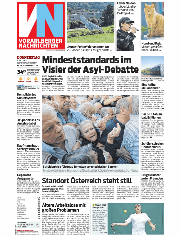 Titelseite der Vorarlberger Nachrichten vom 2. Juli 2015.