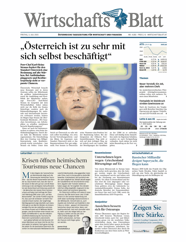 Titelseite des Wirtschaftsblatt vom 3. Juli 2015.