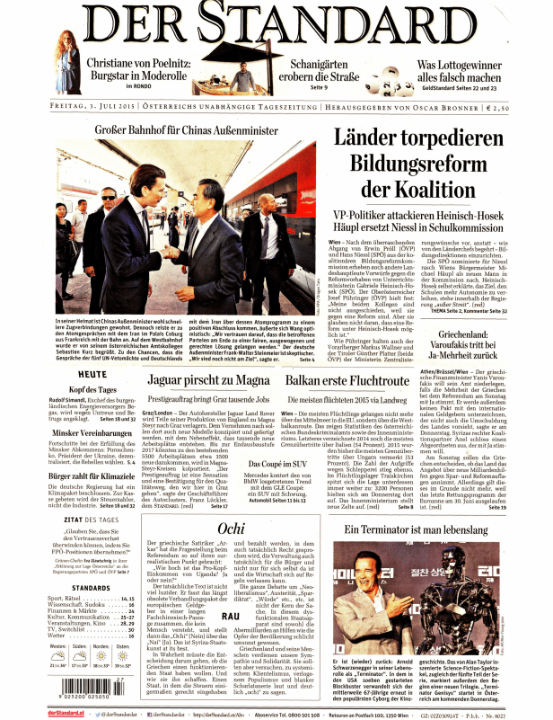 Titelseite der Zeitung „Der Standard“ vom 3. Juli 2015 mit Artikeln zu verschiedenen Themen.