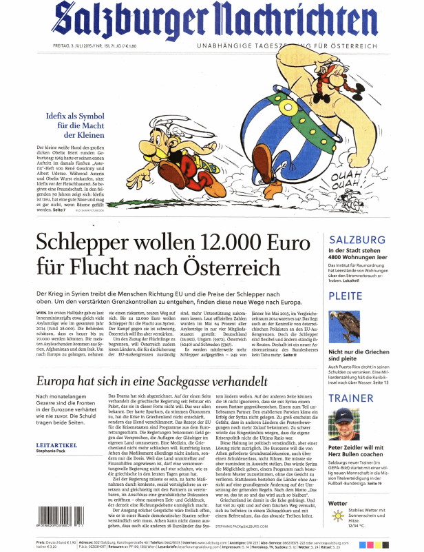 Asterix, Obelix und Idefix in einer Illustration für die Salzburger Nachrichten.