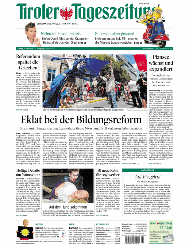Titelseite der Tiroler Tageszeitung vom 3. Juli 2015.