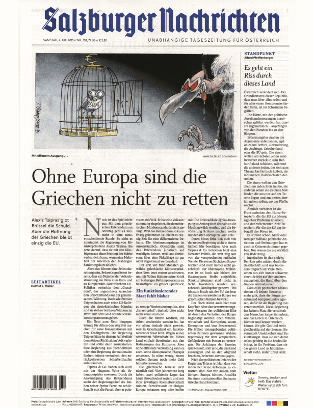 Karikatur in der „Salzburger Nachrichten“ zeigt Griechenland als Vogel im Käfig.