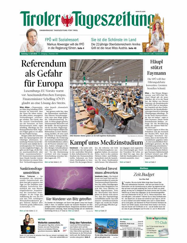 Eine Ausgabe der Tiroler Tageszeitung vom 4. Juli 2015.