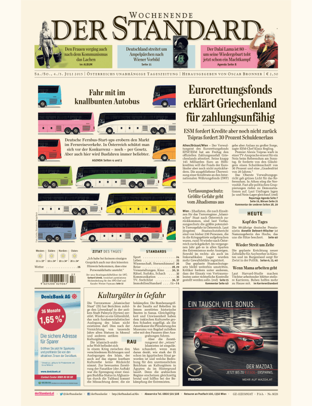 Titelseite der Zeitung „Der Standard“ vom 4./5. Juli 2015 mit Artikeln zu verschiedenen Themen.