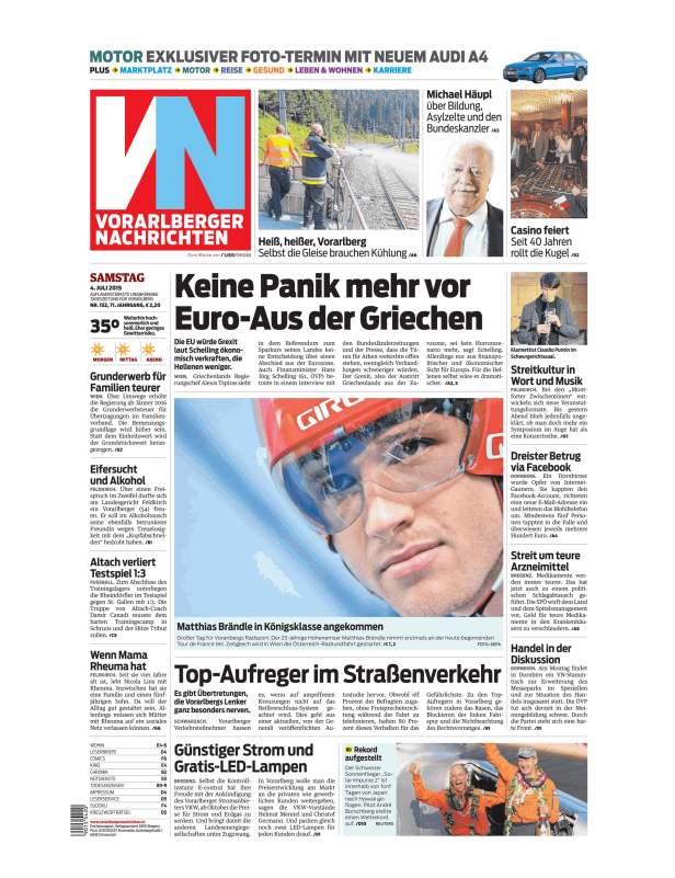 Titelseite der Vorarlberger Nachrichten vom 4. Juli 2015.