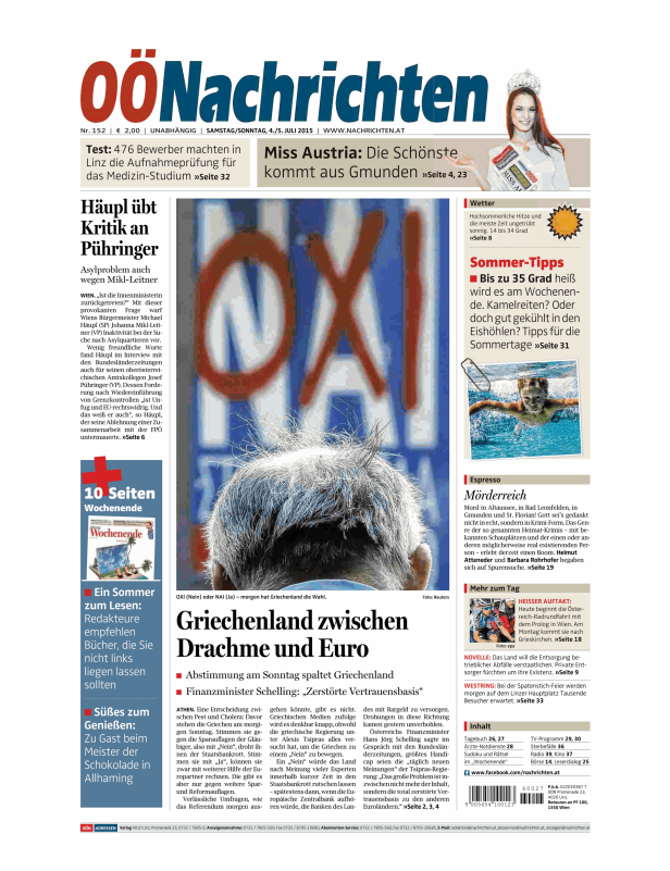 Titelseite der OÖNachrichten vom 4./5. Juli 2015 mit dem Titel „Griechenland zwischen Drachme und Euro“.