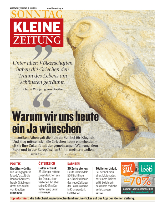Titelseite der „Kleinen Zeitung“ vom 5. Juli 2015 mit einer Eule als Symbol für Griechenland.