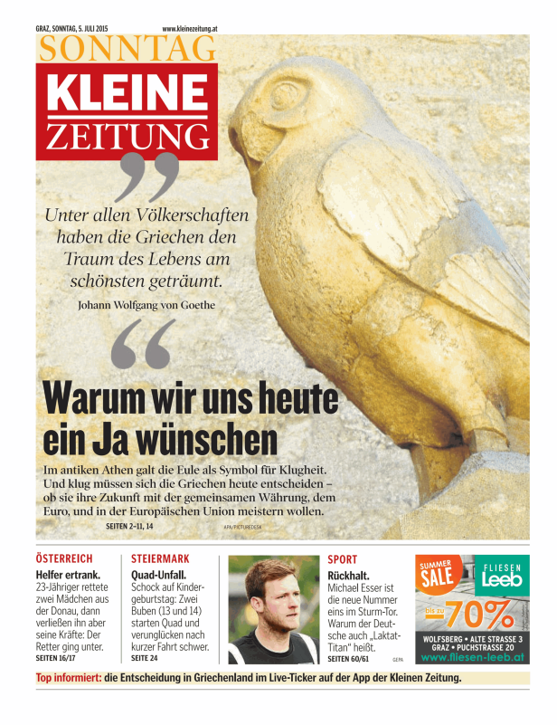 Titelseite der „Kleinen Zeitung“ vom 5. Juli 2015 mit einer Eulen-Skulptur.