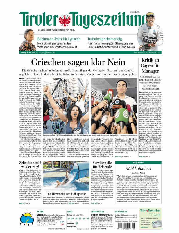 Titelseite der Tiroler Tageszeitung vom 6. Juli 2015 mit dem Titel: „Griechen sagen klar Nein“.