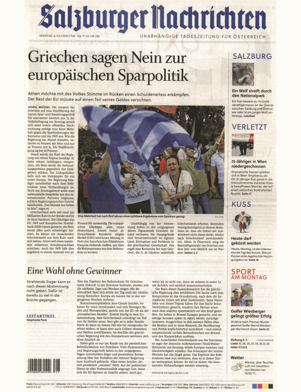 Titelseite der „Salzburger Nachrichten“ vom 6. Juli 2015 mit der Schlagzeile „Griechen sagen Nein zur europäischen Sparpolitik“.