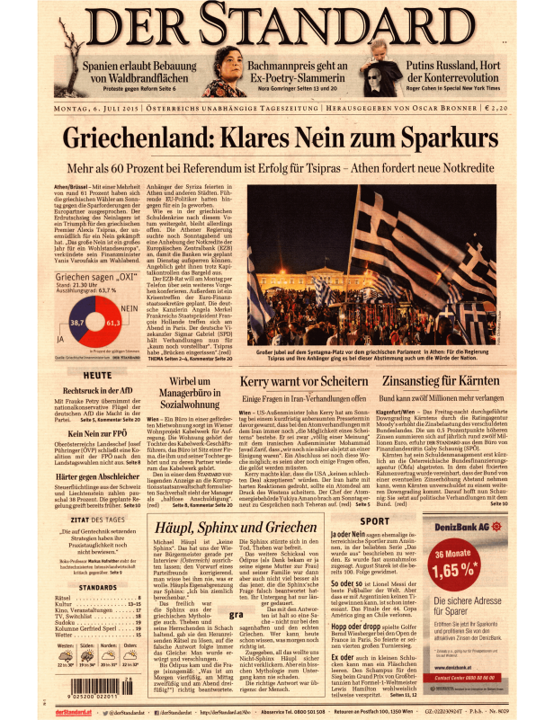 Titelseite der Zeitung „Der Standard“ vom 6. Juli 2015 mit dem Titel: „Griechenland: Klares Nein zum Sparkurs“.