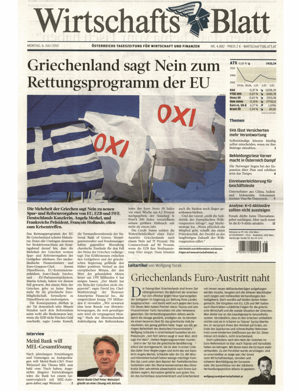 Titelseite des „Wirtschaftsblatt“ vom 6. Juli 2015 mit der Schlagzeile: „Griechenland sagt Nein zum Rettungsprogramm der EU“.