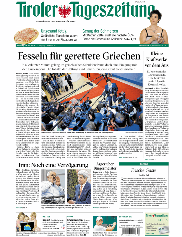 Titelseite der Tiroler Tageszeitung vom 14. Juli 2015.
