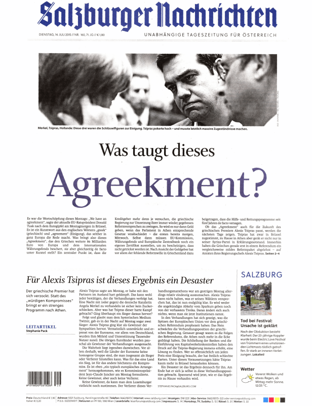 Titelseite der Salzburger Nachrichten vom 14. Juli 2015 mit dem Titel „Was taugt dieses Agreekment?“.